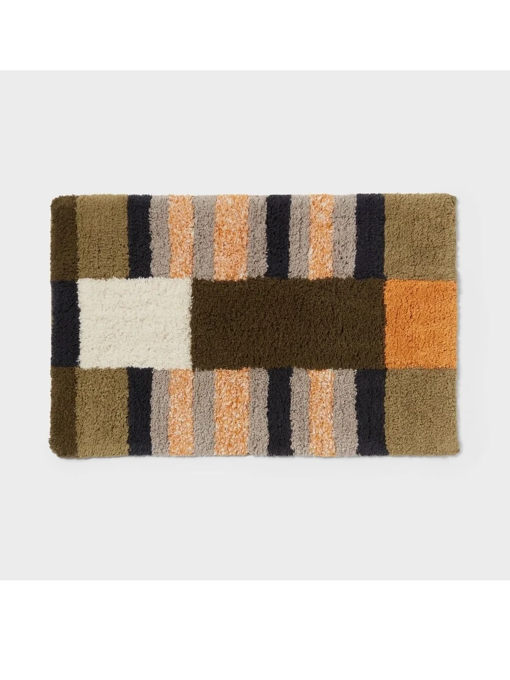 Plush Striped Rectangle Bath Mat in Olive, Orange & Cream